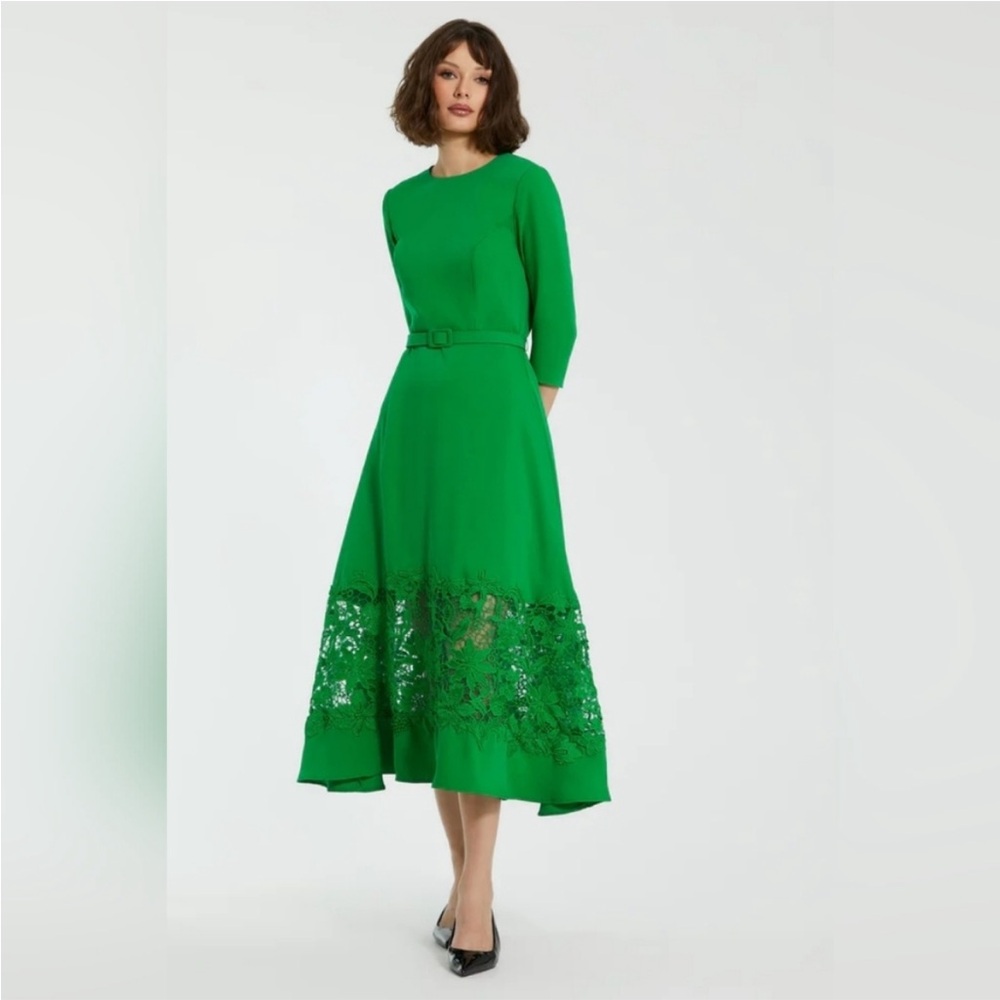 NWOT Mac Duggal Green Crepe Boat Neck Midi Dress With Applique Cut Out Size L